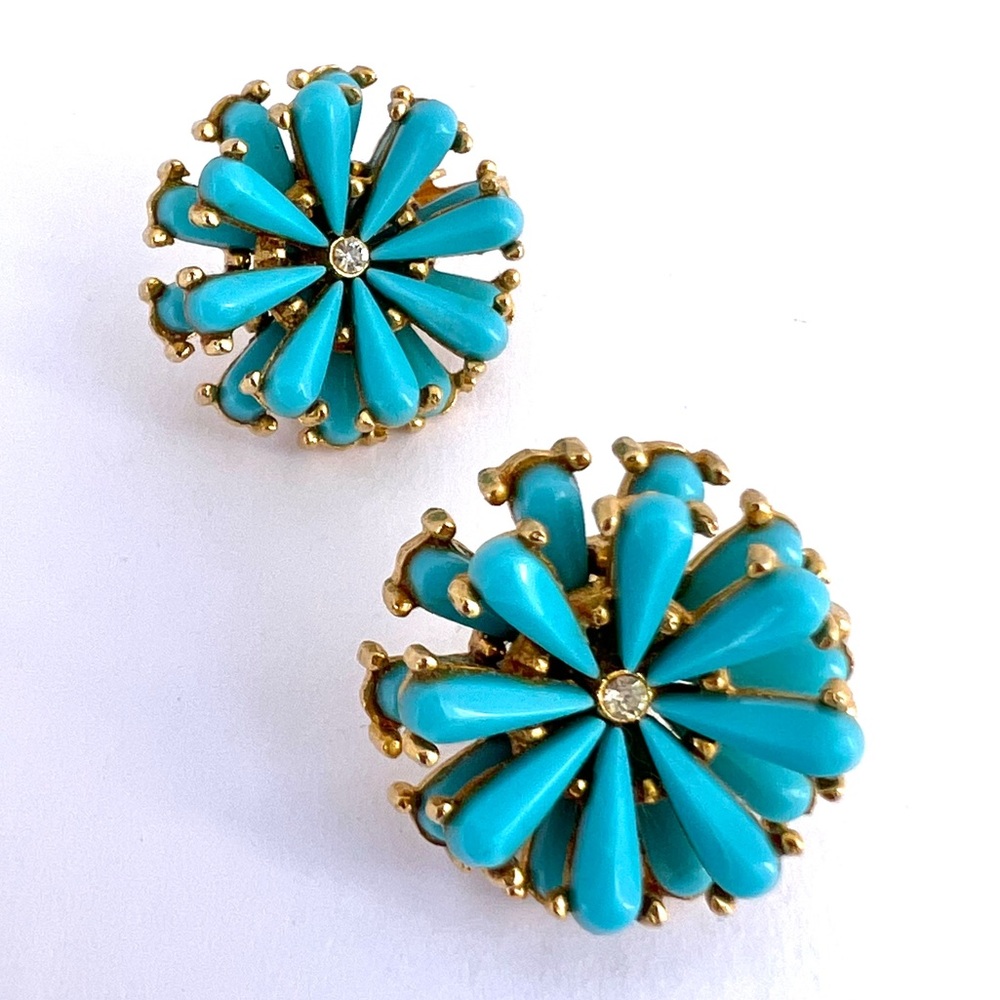 Vintage Turquoise Ear Clips Glass Faux Diamond Retro Jewelry Earrings